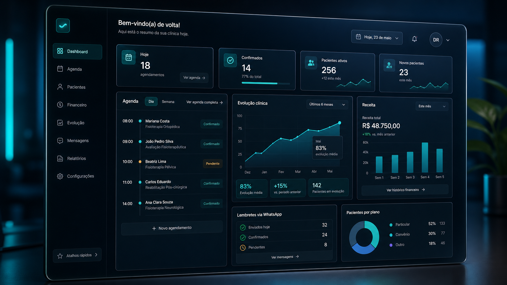 Mockup da agenda TechFisio com visão da operação da clínica